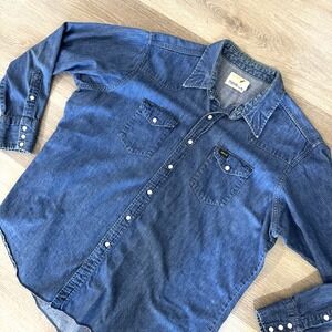 Vintage Maverick Blue Denim Pearl Snap Western Cowboy USA Shirt Men's 19X35